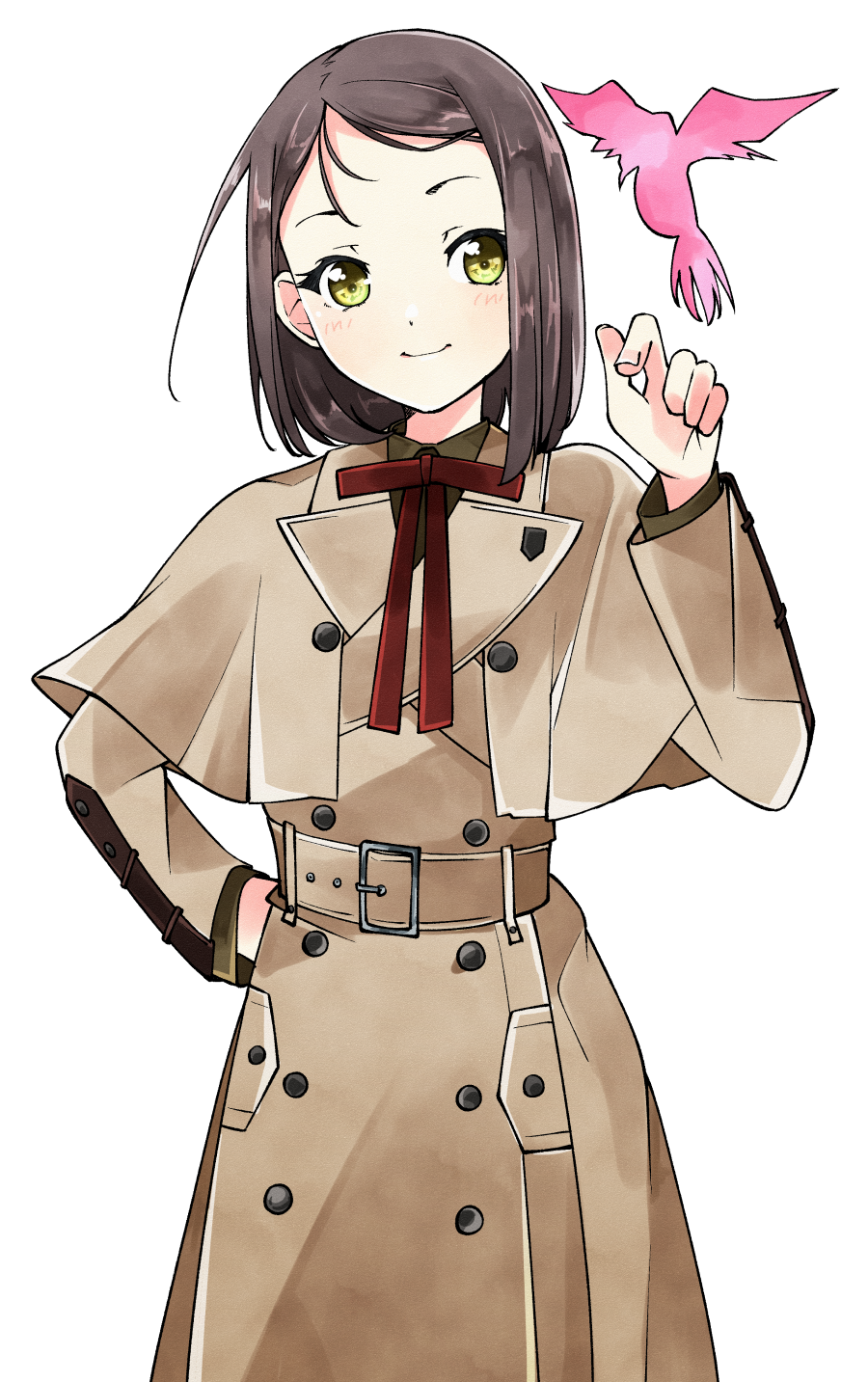 1girl, 22/7, belt, bow, bowtie, brown_belt, brown_dress, cowboy_shot