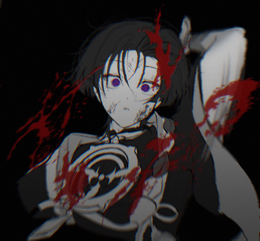 1boy, arms_up, black_background, black_bodysuit, black_hair, black_kimono, blood, blood_on_face, blood_splatter, blunt_ends, bodysuit, cchyo_61, constricted_pupils, crazy_eyes, genshin_impact, hand_up, highres, holding, holding_weapon, japanese_clothes, kimono, male_focus, mandarin_collar, mitsudomoe_(shape), open_clothes, open_kimono, parted_bangs, parted_lips, rope, scaramouche_(genshin_impact), shimenawa, short_sleeves, solo, swept_bangs, swinging_weapon, tomoe_(symbol), violet_eyes, weapon, wide_sleeves