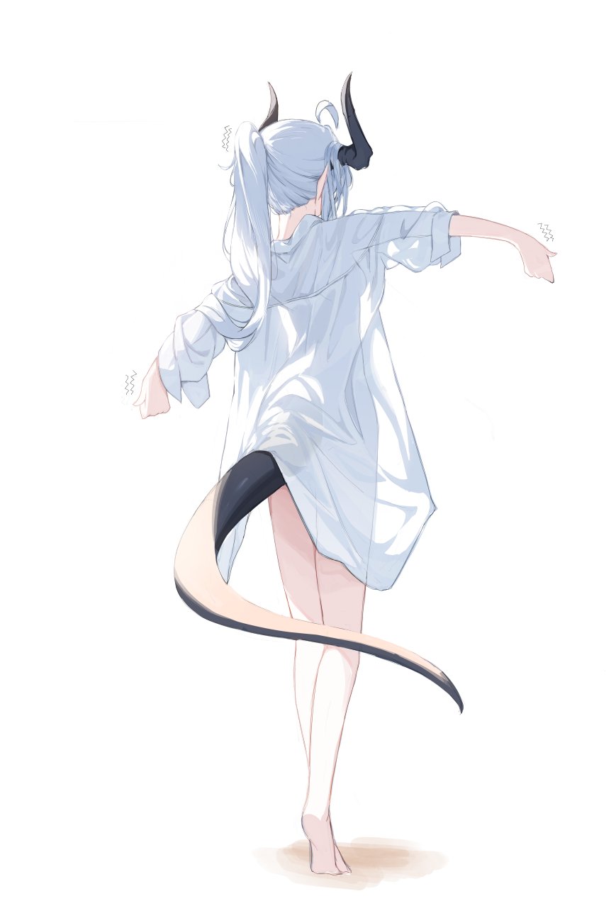 1girl, ahoge, bare_legs, black_tail, commentary, demon_girl, demon_horns, english_commentary