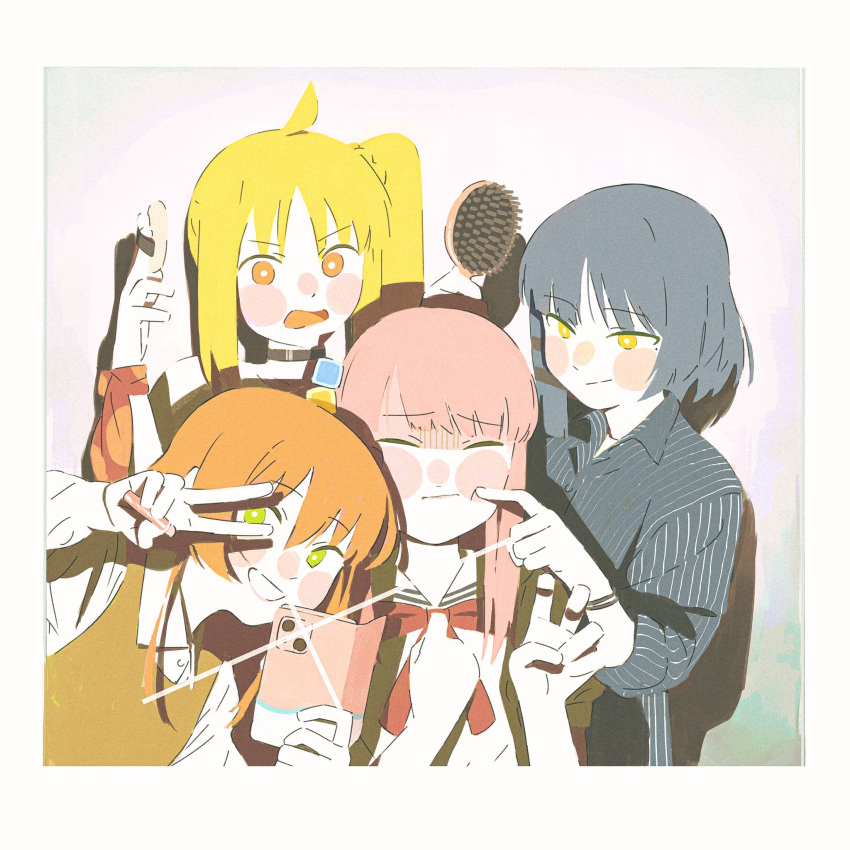 4girls, ahoge, bandana, blonde_hair, blue_hair, bocchi_the_rock!, bow, bowtie