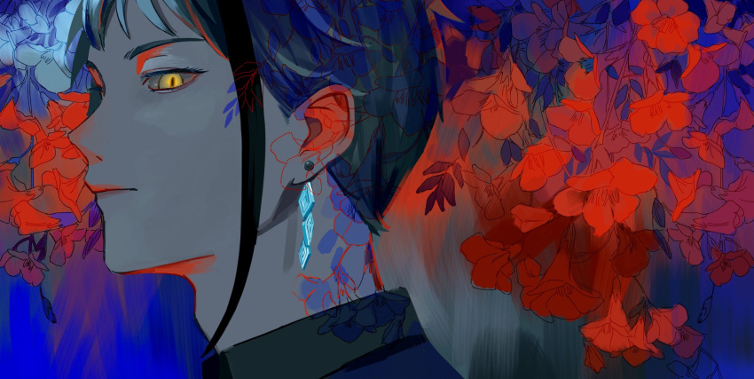 1boy, blue_background, blue_hair, closed_mouth, earrings, flower, floyd_leech, highres, jewelry, looking_at_viewer, male_focus, n0_2434, red_flower, short_hair, slit_pupils, solo, twisted_wonderland, upper_body, yellow_eyes