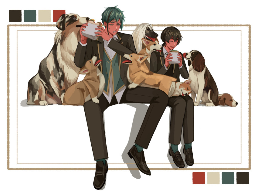 1boy, 1girl, afghan_hound, animal, aqua_hair, australian_shepherd, black_hair, closed_eyes