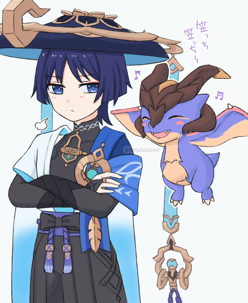 1boy, absurdres, armor, belt, black_belt, black_bodysuit, black_bow, black_shorts, blue_cape, blue_eyes, blue_hair, blue_hat, blunt_ends, bodysuit, bow, bridal_gauntlets, cape, claws, closed_eyes, clothing_cutout, crossed_arms, dragon, dragon_horns, dragon_tail, dragon_wings, eyeliner, eyeshadow, fangs, feathers, genshin_impact, gold, gold_ring, hat, highres, horns, hotarubi_(hotarubie), japanese_armor, japanese_clothes, jewelry, jingasa, kimono, kote, kurokote, light_blush, looking_at_another, makeup, male_focus, middle_ring, mini_durin_(genshin_impact), musical_note, open_clothes, open_kimono, parted_bangs, parted_lips, purple_sash, red_eyeliner, red_eyeshadow, ring, sash, scaramouche_(genshin_impact), shorts, spoilers, tail, tassel, thigh_cutout, translation_request, twitter_username, vision_(genshin_impact), wanderer_(genshin_impact), white_background, white_kimono, wings, yellow_eyeliner, yellow_eyeshadow