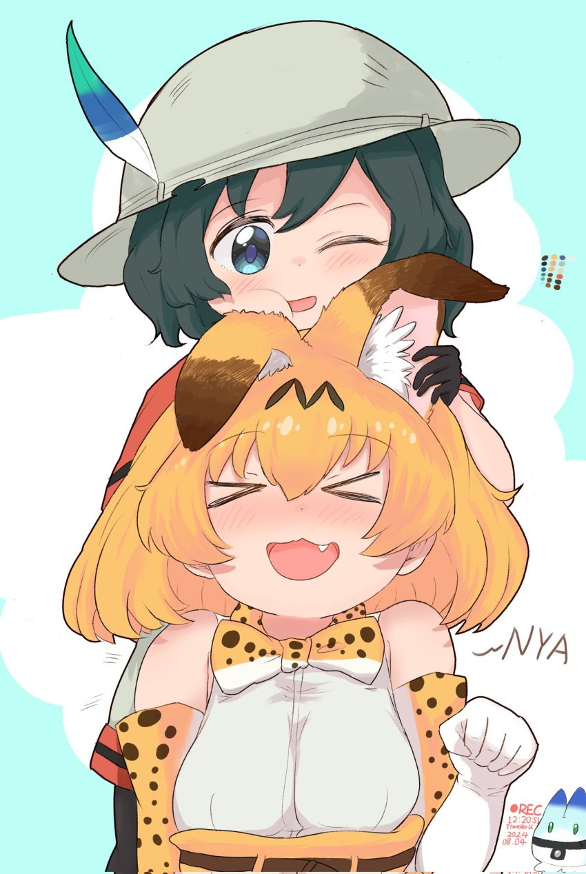 >_<, 2girls, :3, bare_shoulders, black_hair, black_pantyhose, blonde_hair, blue_eyes