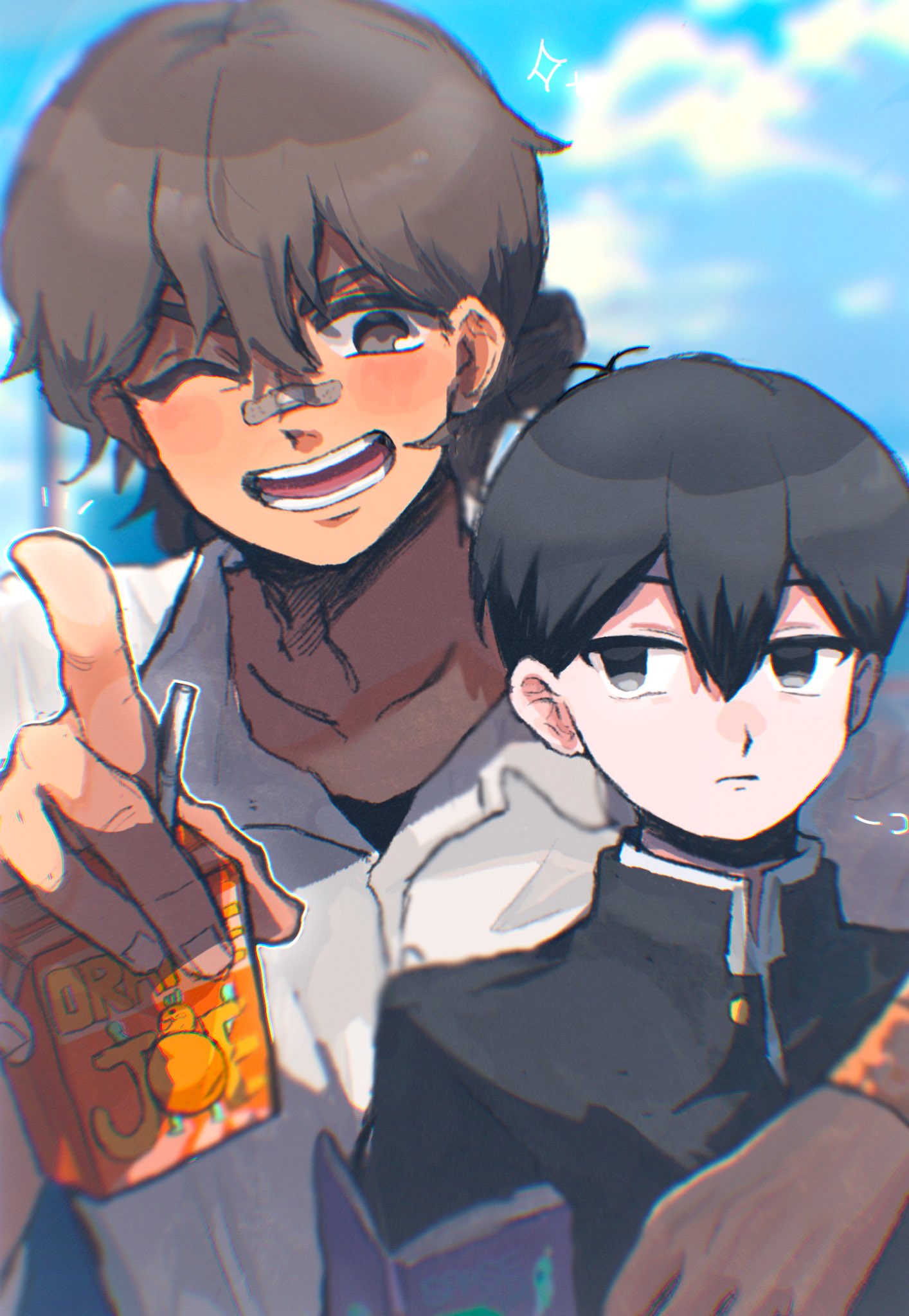2boys, alternate_costume, bandaid, bandaid_on_face, bandaid_on_nose, black_eyes, black_hair, brown_eyes