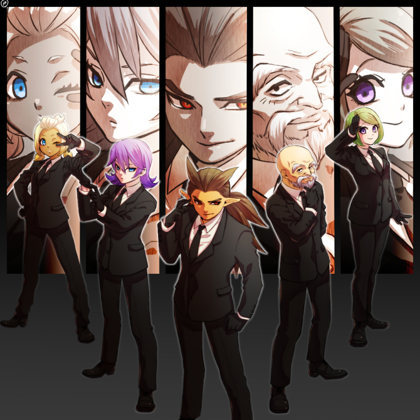 2boys, 3girls, adjusting_clothes, adjusting_gloves, anessa_(dqb2), bald, beard, black_gloves, black_suit, blonde_hair, blue_eyes, bob_cut, brown_hair, commentary_request, dark-skinned_male, dark_skin, dragon_quest, dragon_quest_builders_2, facial_hair, finger_to_face, full_body, gerome_(dqb2), gloves, green_hair, grey_hair, hair_pulled_back, hand_on_own_chin, jibaco_(dqb2), kasiwamoti11, long_hair, looking_to_the_side, low_ponytail, low_twintails, medium_hair, multiple_boys, multiple_girls, old, old_man, one_eye_closed, pointy_ears, purple_hair, red_eyes, salute, short_hair, short_twintails, sidoh_(dqb2), spiky_hair, suit, tan, twintails, v_over_eye, violet_eyes, zesel_(dqb2), zoom_layer