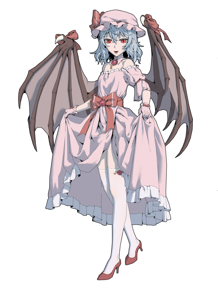1girl, absurdres, alternate_costume, bare_shoulders, bat_wings, blue_hair, bow, bow_on_wing