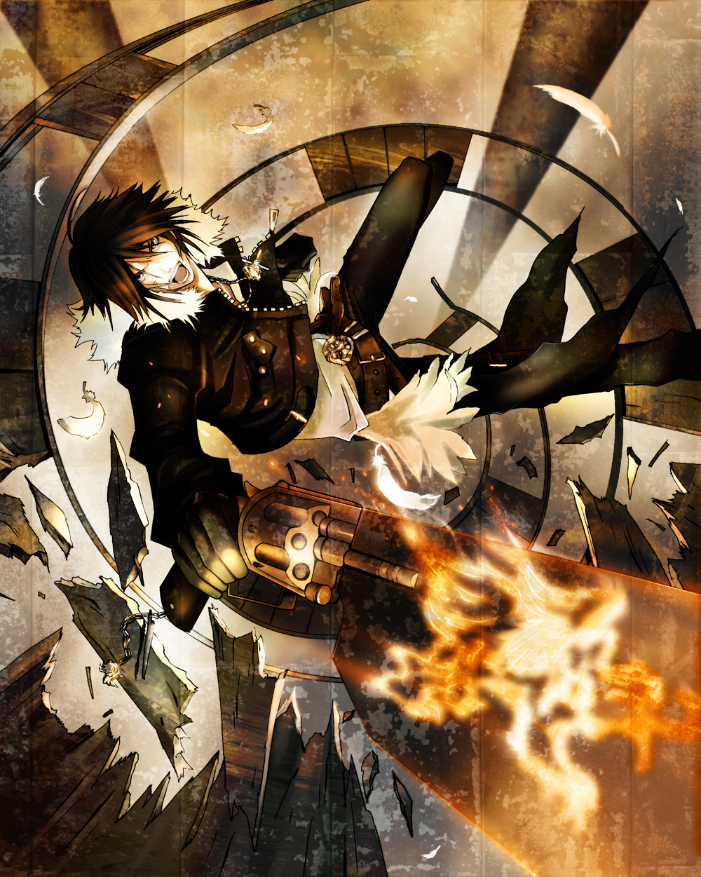 anoringo, blue_eyes, brown_hair, dissidia_final_fantasy, feathers, final_fantasy, final_fantasy_viii, gunblade