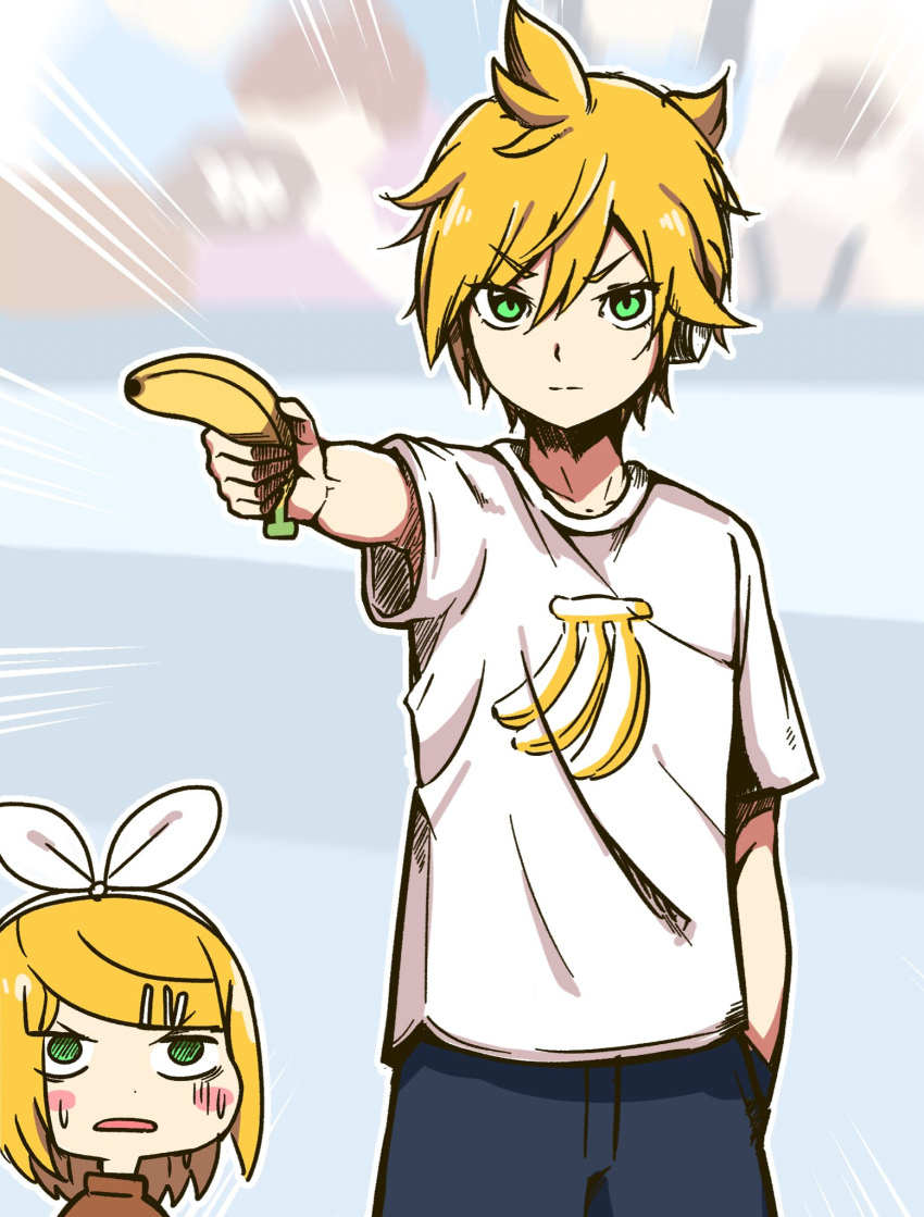 1boy, 1girl, 2024_summer_olympics, aiming, banana_print, blonde_hair, blue_pants, blurry