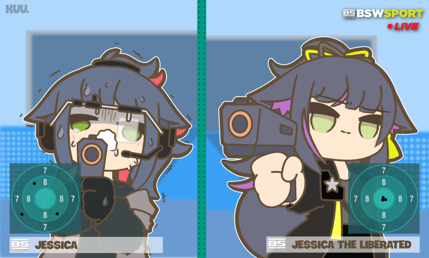 2024_summer_olympics, 2girls, absurdres, aiming, aiming_at_viewer, animal_ears, arknights, artist_name