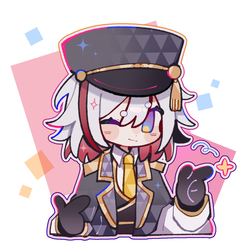 1girl, absurdres, axue, black_gloves, black_hat, black_jacket, black_vest, chibi