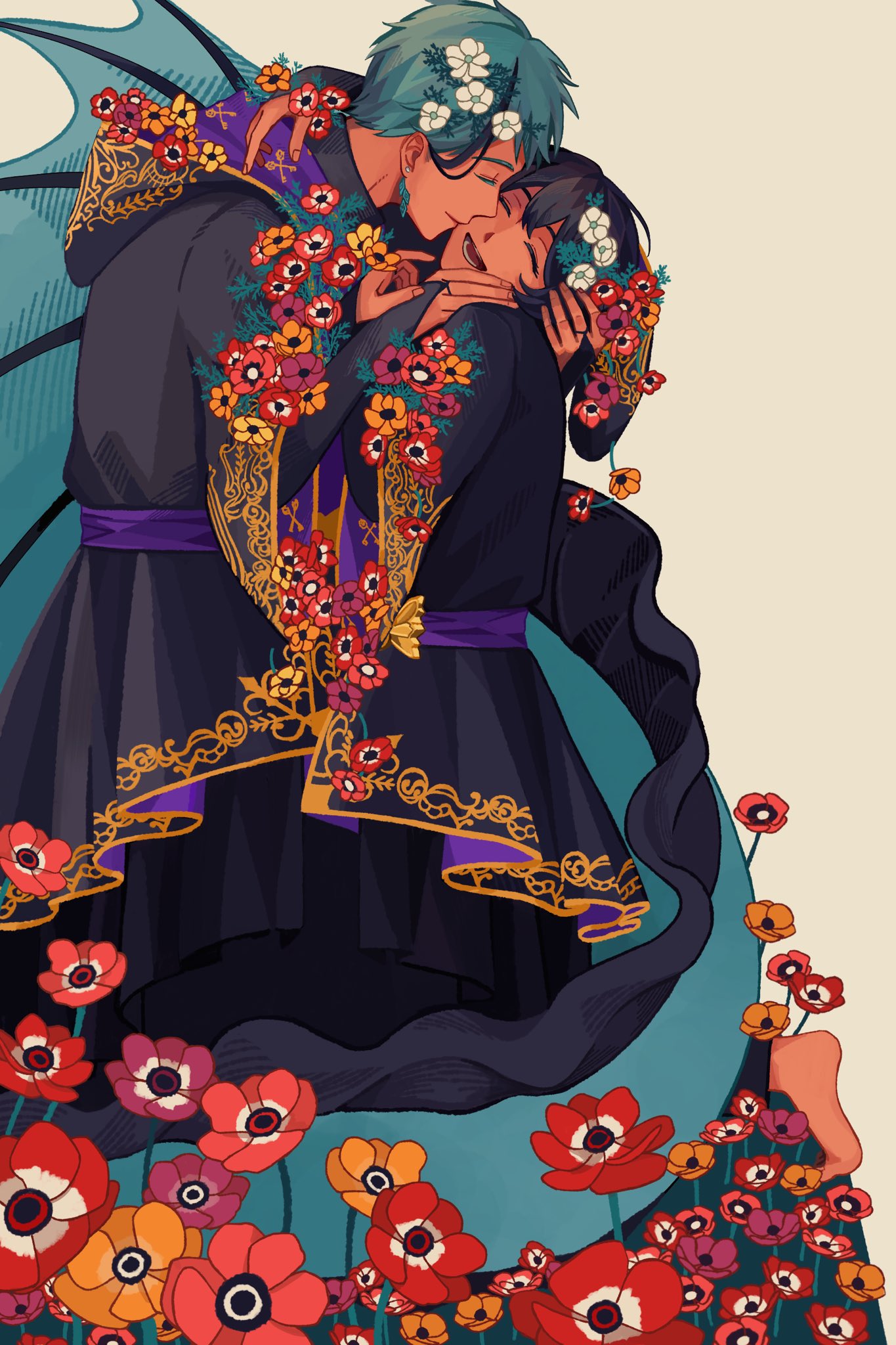 1boy, 1girl, black_hair, black_robe, blue_hair, bridal_gauntlets, commentary_request, eel_boy