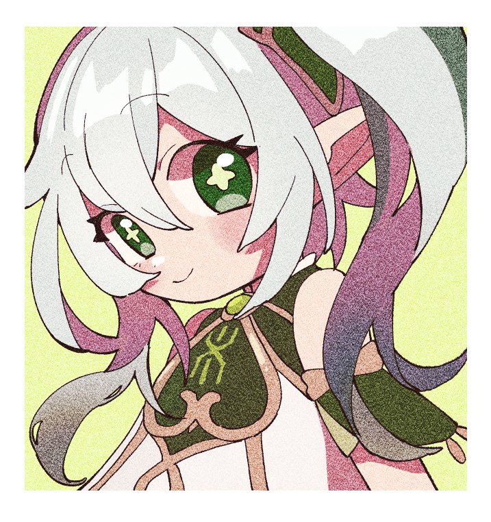 1girl, armlet, asymmetrical_sidelocks, blush, border, cross-shaped_pupils, detached_sleeves, double-parted_bangs