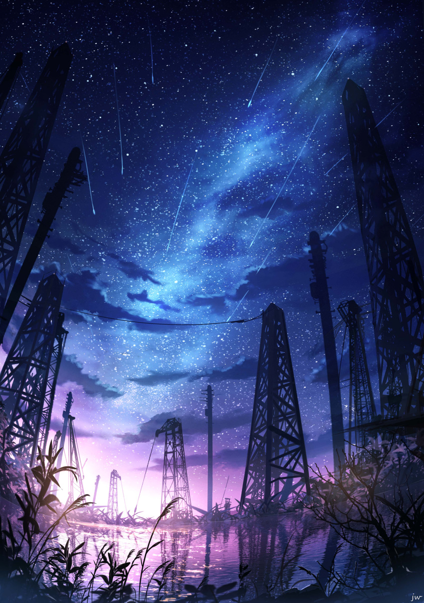 absurdres, chinese_commentary, clouds, commentary, highres, milky_way, night, night_sky, no_humans, original, outdoors, plant, pumpjack, reeds, reflection, scenery, shooting_star, sky, skyrick9413, star_(sky), starry_sky, utility_pole, water