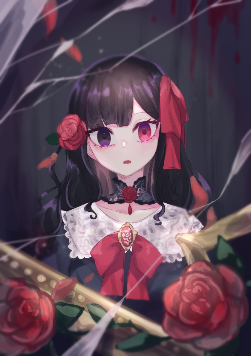 1girl, absurdres, akikawa_higurashi, bow, broken_glass, broken_mirror, brooch, choker