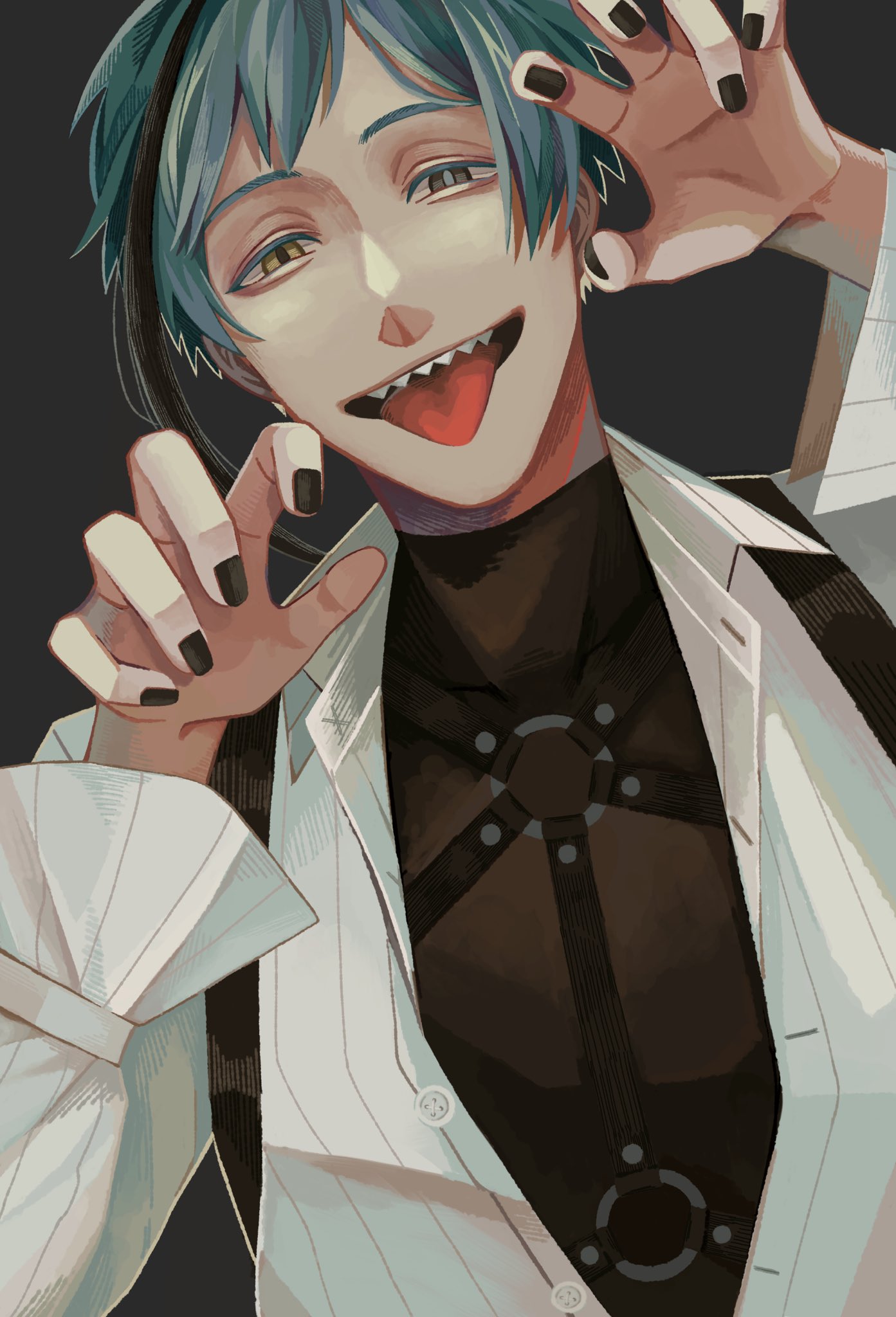 1boy, black_nails, blue_hair, brown_eyes, claw_pose, commentary_request, english_commentary, floyd_leech