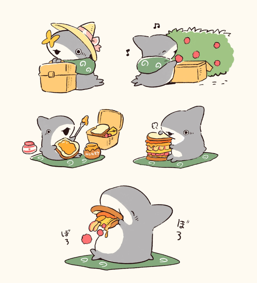 animal_focus, basket, bread, bug, bush, butterfly, closed_eyes, closed_mouth, eating, food, fork, furoshiki_around_neck, hat, highres, holding, holding_food, holding_fork, honey, multiple_views, musical_note, no_humans, odekake_kozame, penguinbox, pink_ribbon, puff_of_air, ribbon, sandwich, shark, simple_background, sitting, white_background