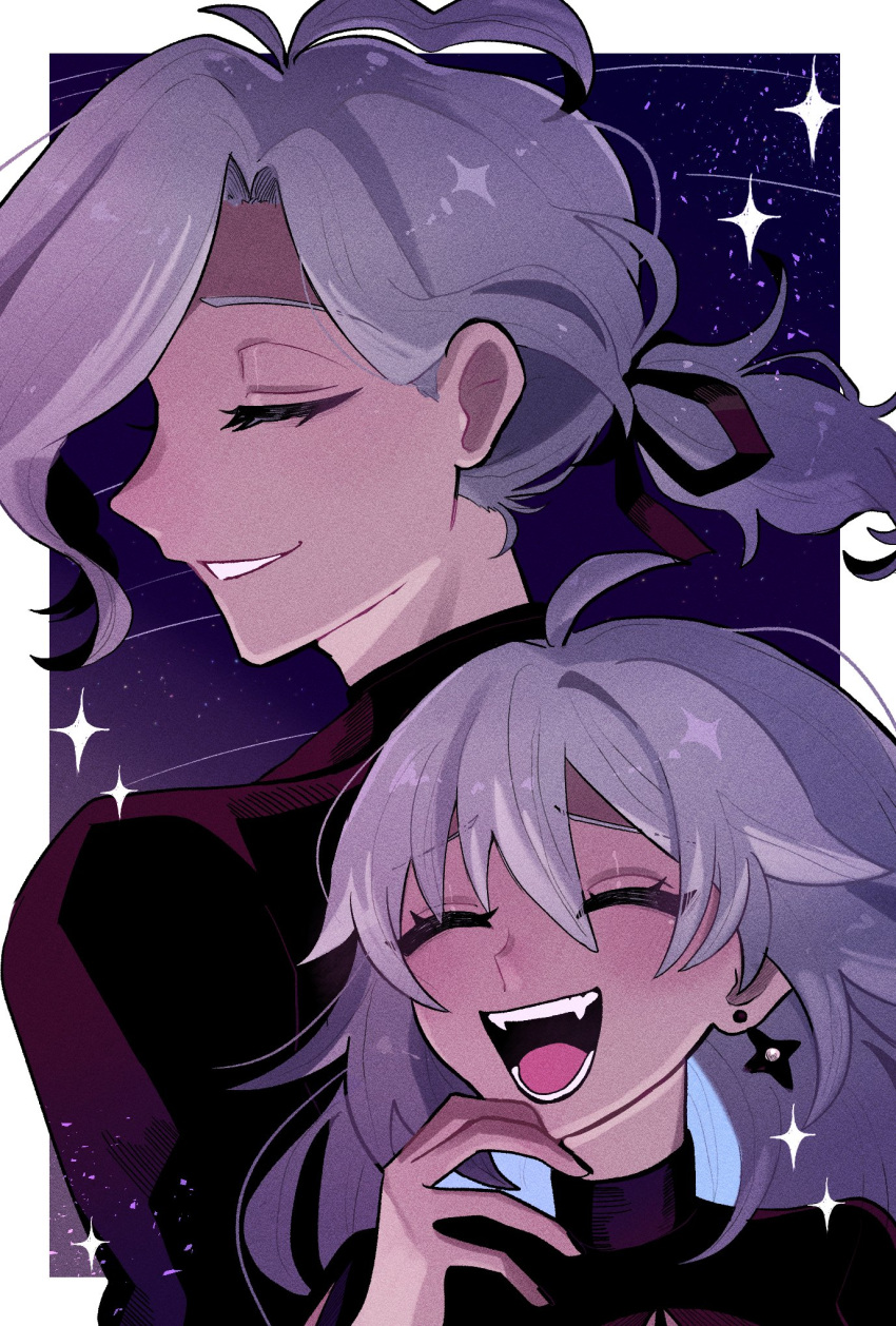 1boy, 1girl, :d, ahoge, back-to-back, black_dress, black_jacket, blush, border, closed_eyes, dress, earrings, edmond_dantes_(fate), edmond_dantes_(flames_of_applause)_(fate), fangs, fate/grand_order, fate_(series), grey_hair, grin, hair_between_eyes, hair_ribbon, hand_up, highres, jacket, jeanne_d'arc_alter_(fate), jeanne_d'arc_alter_(flames_of_applause)_(fate), jewelry, laughing, long_hair, night, night_sky, open_mouth, outside_border, ponytail, ribbon, short_hair, sky, smile, sparkle, star_(sky), tunamayo_0nigir, turtleneck, turtleneck_dress, upper_body, white_border