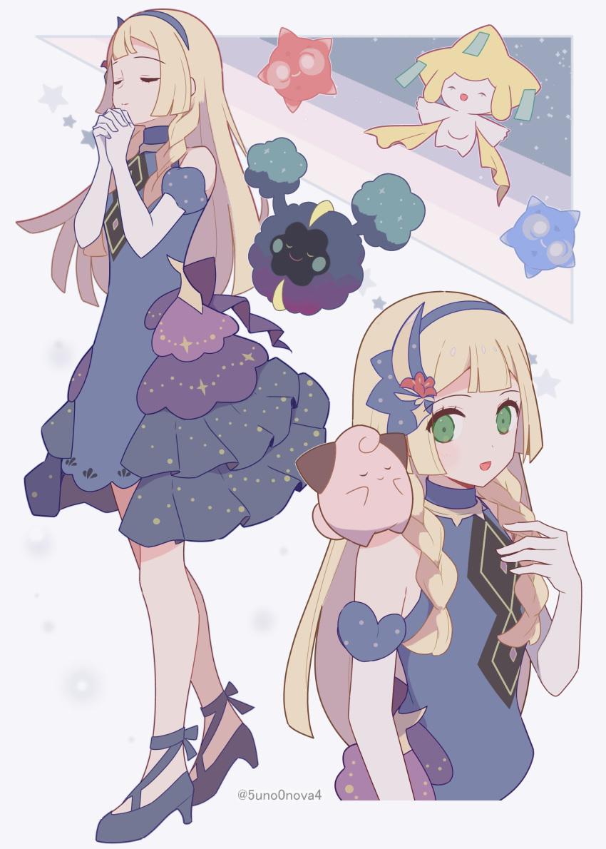 1girl, 343rone, absurdres, bare_shoulders, blonde_hair, blue_dress, blue_footwear, blue_hairband