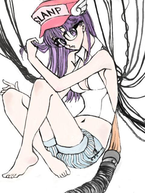 akira_toriyama, arale_norimaki, barefoot, chi, chii, chobits, clamp, crossover, dr._slump, feet, glasses, long_hair, marin_(ririkare), norimaki_arale, parody, purple_hair, style_parody