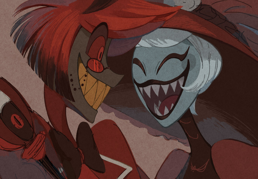 1boy, 1girl, alastor_(hazbin_hotel), bow, bowtie, brown_background, commentary_request, facing_another