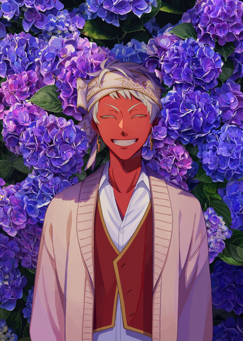 1boy, brown_cardigan, cardigan, closed_eyes, commentary_request, dark-skinned_male, dark_skin, earrings