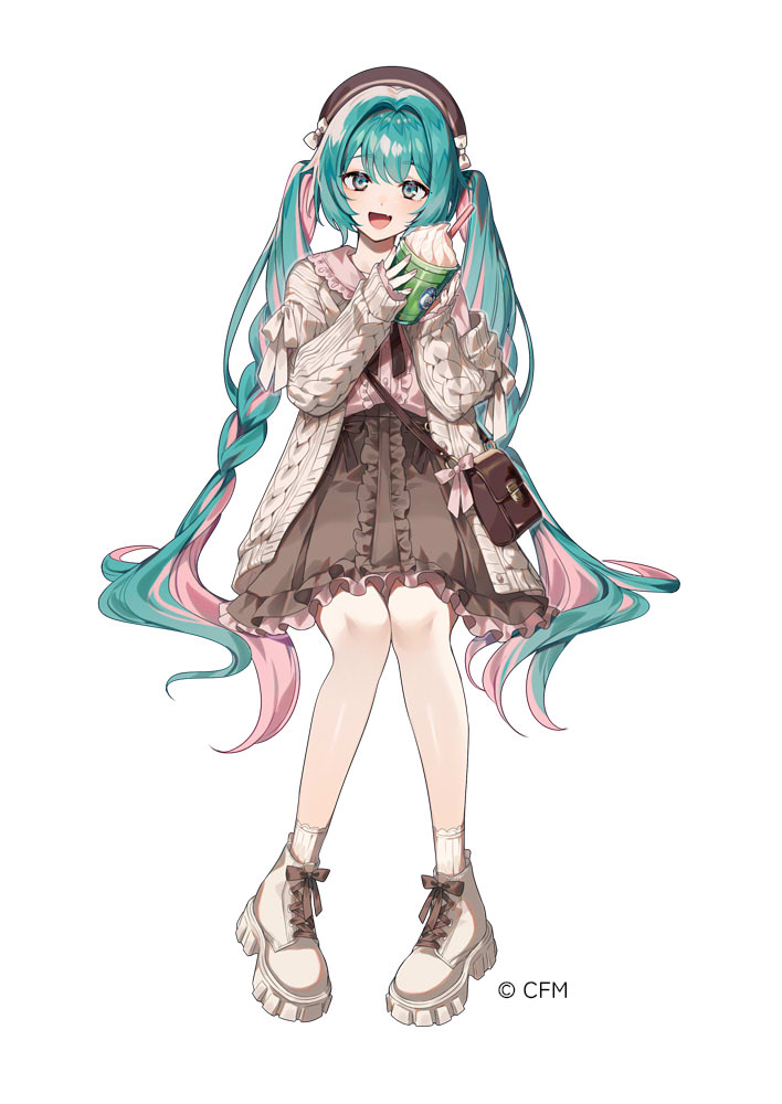 1girl, aqua_eyes, aqua_hair, bag, beret, bow, braid, brown_hat