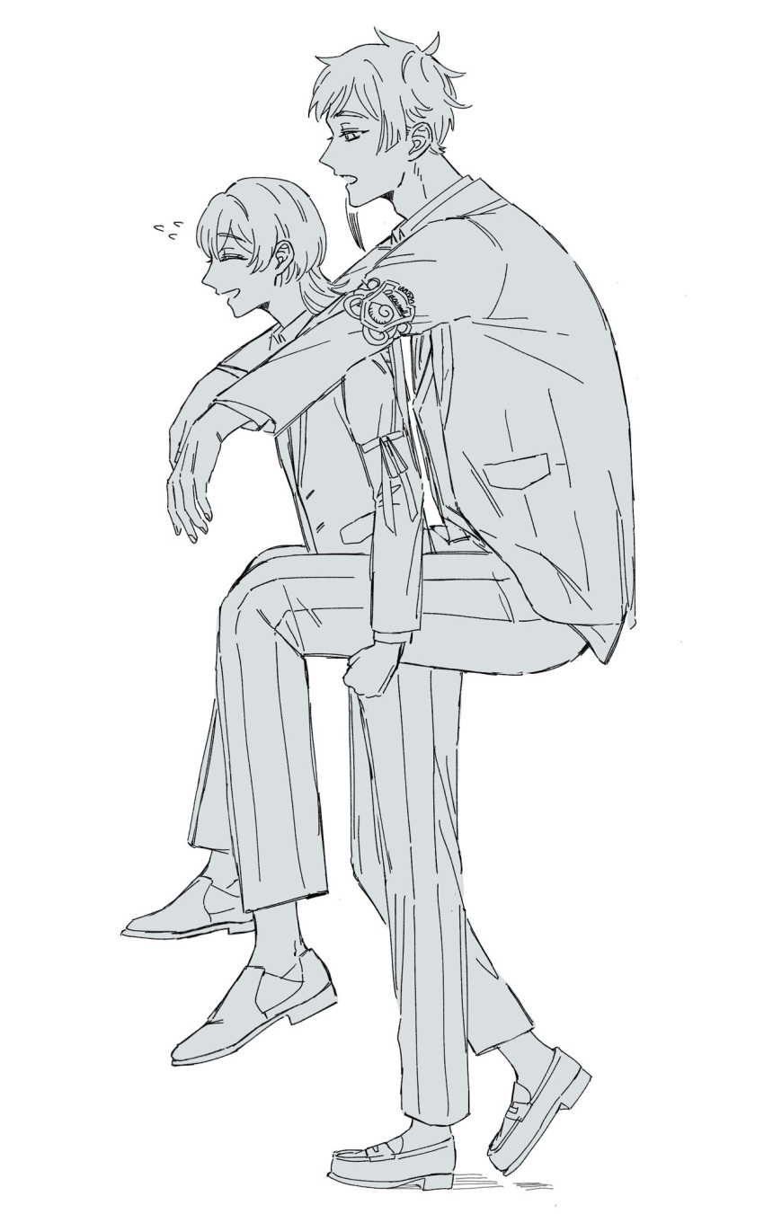 1boy, 1girl, carrying, closed_eyes, commentary_request, floyd_leech, flying_sweatdrops, full_body