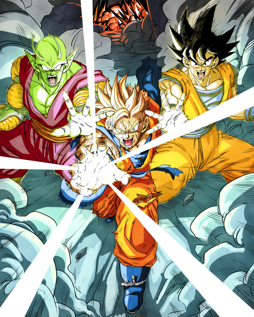 3boys, absurdres, alternate_universe, amputee, antennae, bald, black_hair, blonde_hair, blue_footwear, blue_sash, boots, collarbone, colored_skin, commentary_request, debris, dougi, dragon_ball, dragon_ball_z, explosion, facing_viewer, full_body, glowing, glowing_hand, green_eyes, green_sky, highres, horse_stance, kamehameha_(dragon_ball), karigurashi_no_kakarotty, looking_at_viewer, multiple_boys, muscular, muscular_male, open_mouth, orange_pants, orange_sash, orange_shirt, pants, pectorals, piccolo, purple_pants, purple_shirt, rope, sash, scar, scar_across_eye, shirt, sky, smoke, son_gohan_(future), son_goku, spiky_hair, super_saiyan, teeth, torn_clothes, v-shaped_eyebrows, wind