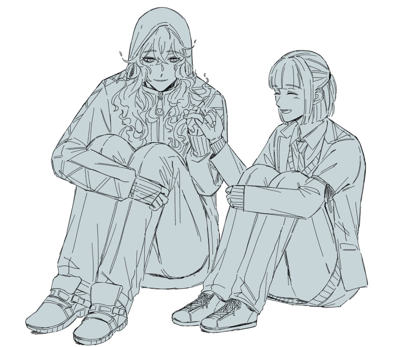 1boy, 1girl, commentary_request, fiery_hair, full_body, highres, hood, hood_up