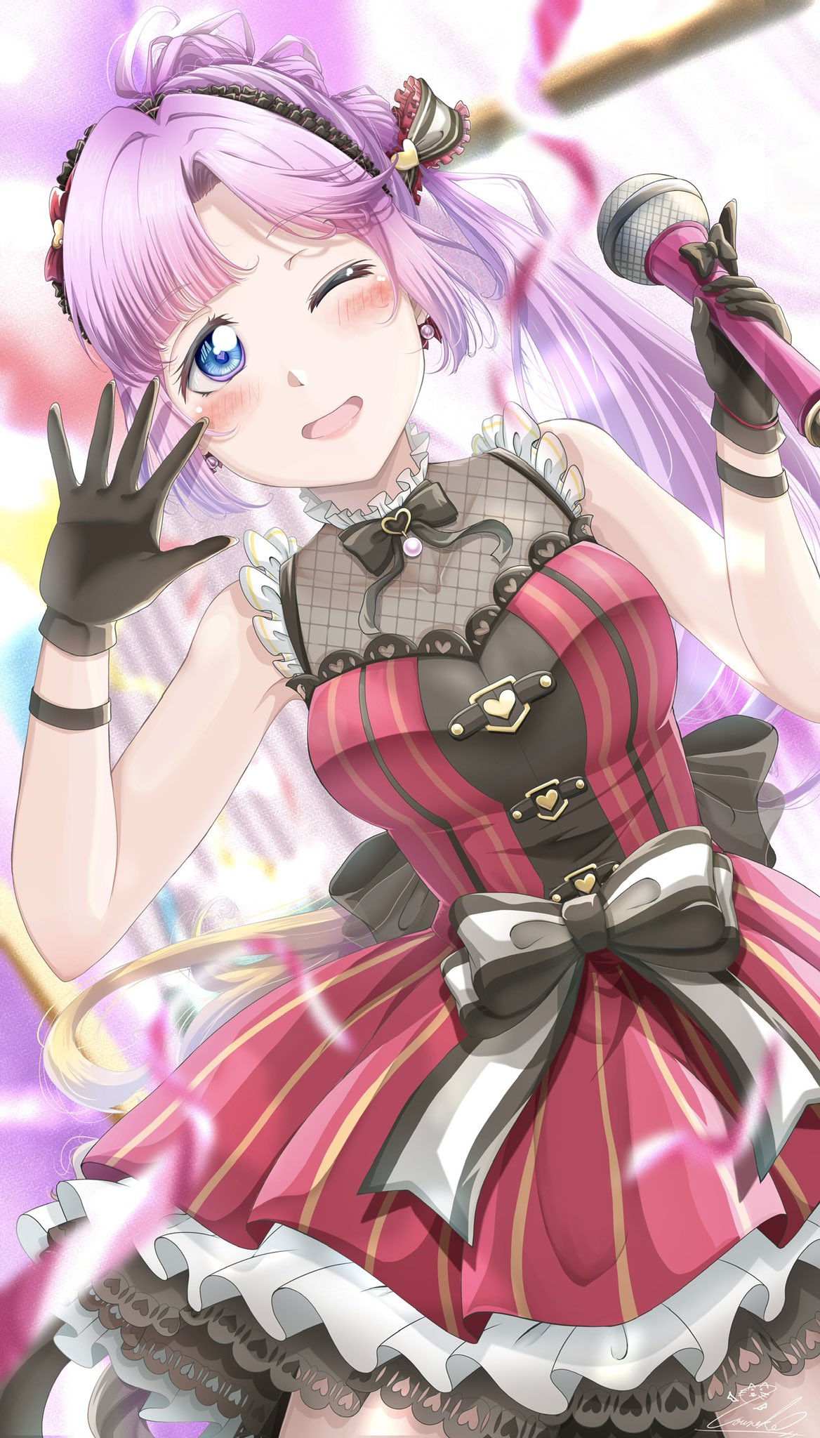 1girl, ;d, ahoge, anyoji_hime, black_bow, black_bowtie, black_gloves, blonde_hair