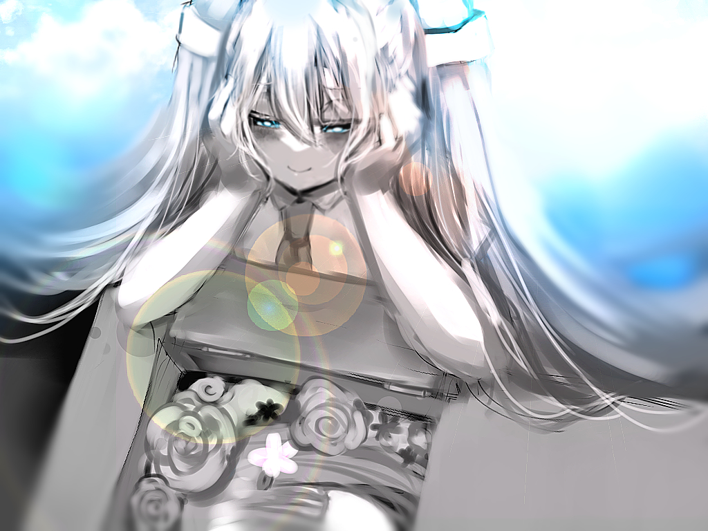 2022, 2girls, aqua_eyes, blue_eyes, blue_sky, corpse, hatsune_miku, monochrome