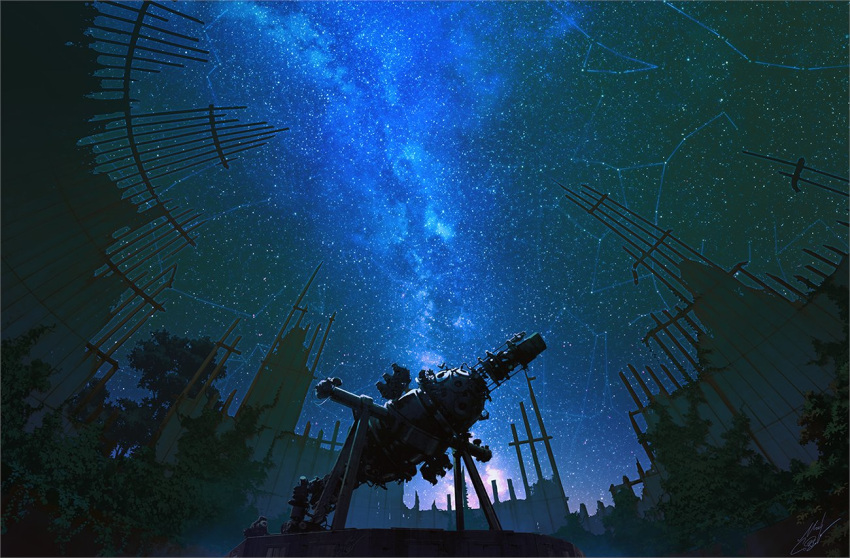 cassiopeia_(constellation), commentary_request, eridanus_(constellation), milky_way, mocha_(cotton), night, night_sky, no_humans, original, orion_(constellation), scenery, signature, sky, sky_focus, star_(sky), starry_sky, tree