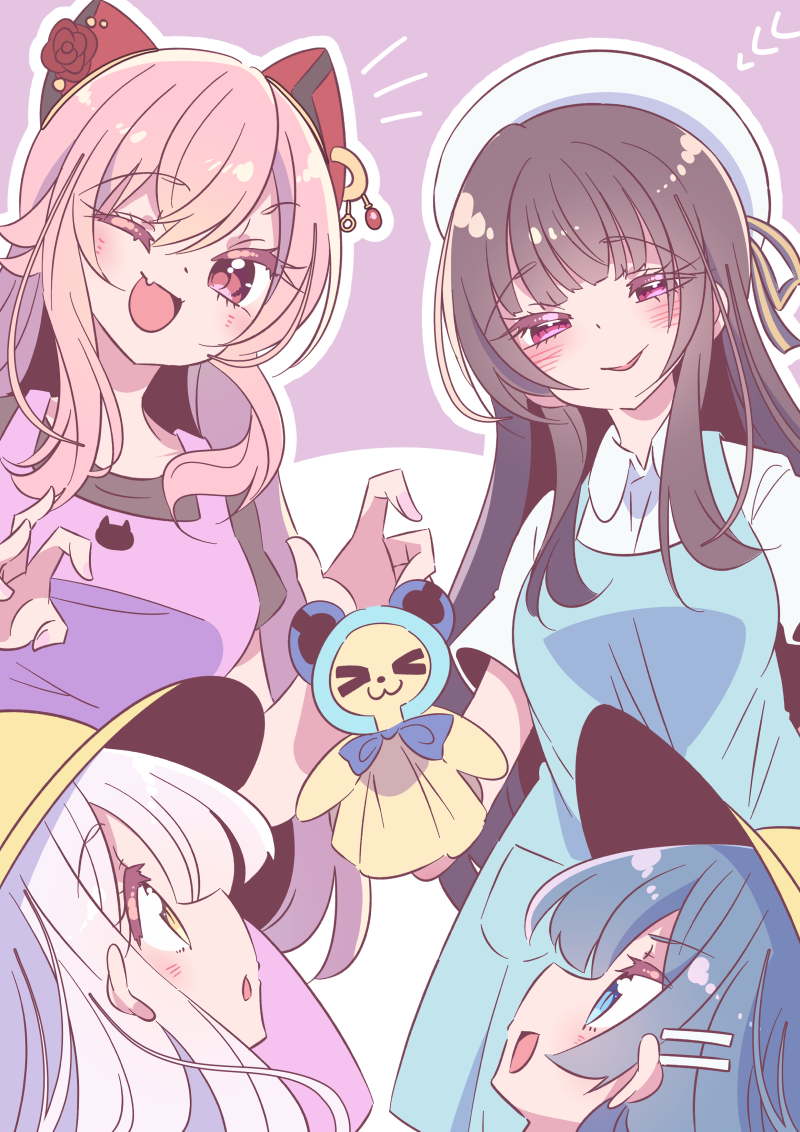 4girls, ;d, aged_down, aizawa_kazuha, apron, assault_lily, beret, black_hair