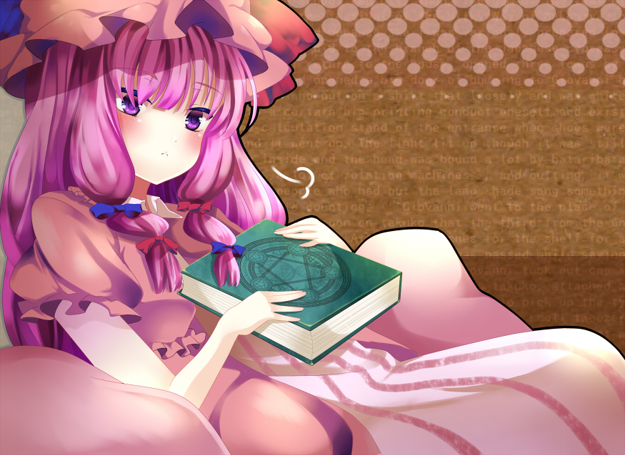 bad_id, blush, book, crescent, crescent_moon, furumun, hat, long_hair