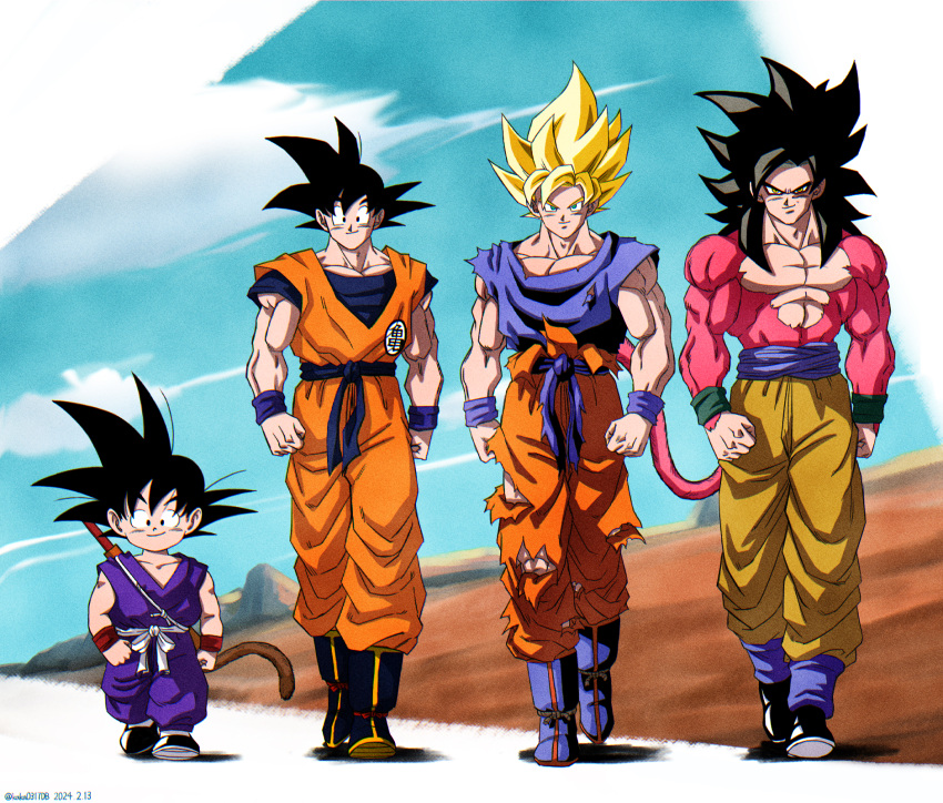 1boy, black_footwear, black_hair, blonde_hair, boots, brown_pants, clenched_hands, closed_mouth, clouds, commentary_request, dated, dougi, dragon_ball, dragon_ball_(classic), dragon_ball_gt, facing_viewer, forehead, green_eyes, green_sweatband, highres, karigurashi_no_kakarotty, large_pectorals, long_hair, looking_at_viewer, male_focus, medium_hair, monkey_tail, muscular, muscular_male, orange_pants, orange_shirt, outdoors, pants, pectoral_cleavage, pectorals, purple_footwear, purple_pants, purple_sash, purple_shirt, purple_sweatband, red_fur, red_sweatband, sash, shadow, shirt, short_sleeves, sky, sleeveless, sleeveless_shirt, smile, son_goku, spiky_hair, super_saiyan, super_saiyan_2, super_saiyan_4, tail, torn_clothes, twitter_username, v-shaped_eyebrows, walking, white_sash