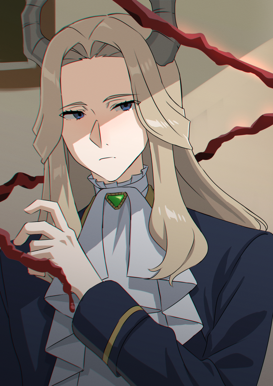 1boy, ascot, blood, blue_eyes, gem, green_gemstone, highres, horns