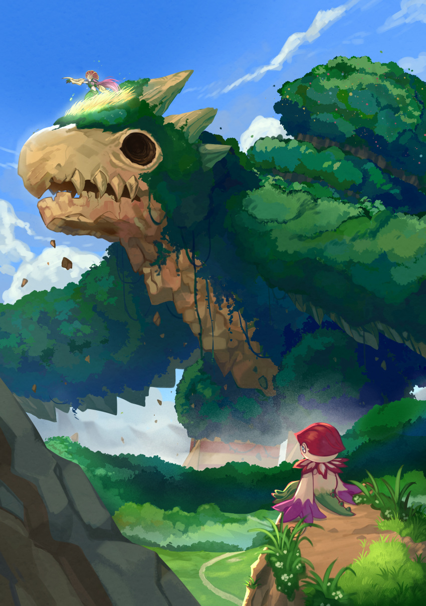 2girls, absurdres, bird, ceresmon, ceresmon_medium, clouds, digimon, digimon_(creature)