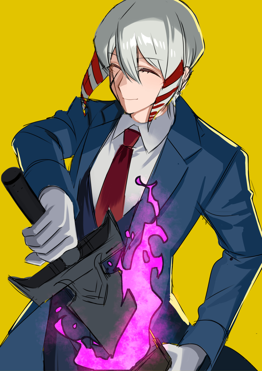 1boy, aura, blue_jacket, closed_eyes, drawing_sword, gloves, hair_between_eyes, hair_ribbon