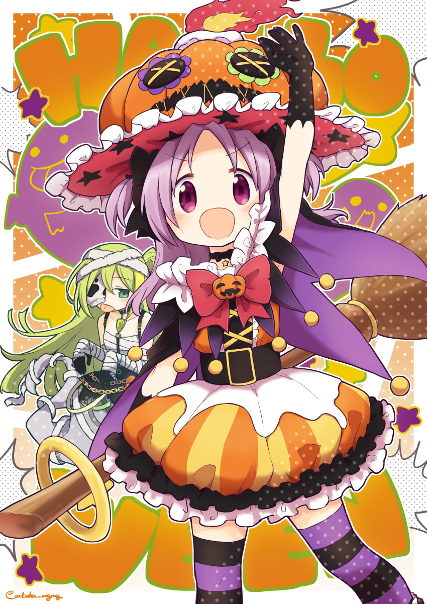 2girls, :d, absurdres, alina_gray, alina_gray_(halloween_ver.), arm_up, bandaged_arm, bandages