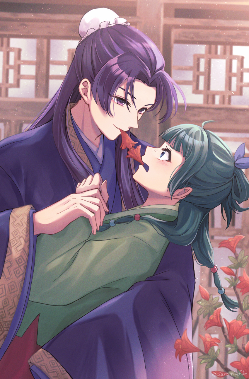 1boy, 1girl, artist_name, chinese_clothes, day, eating, eye_contact, flower
