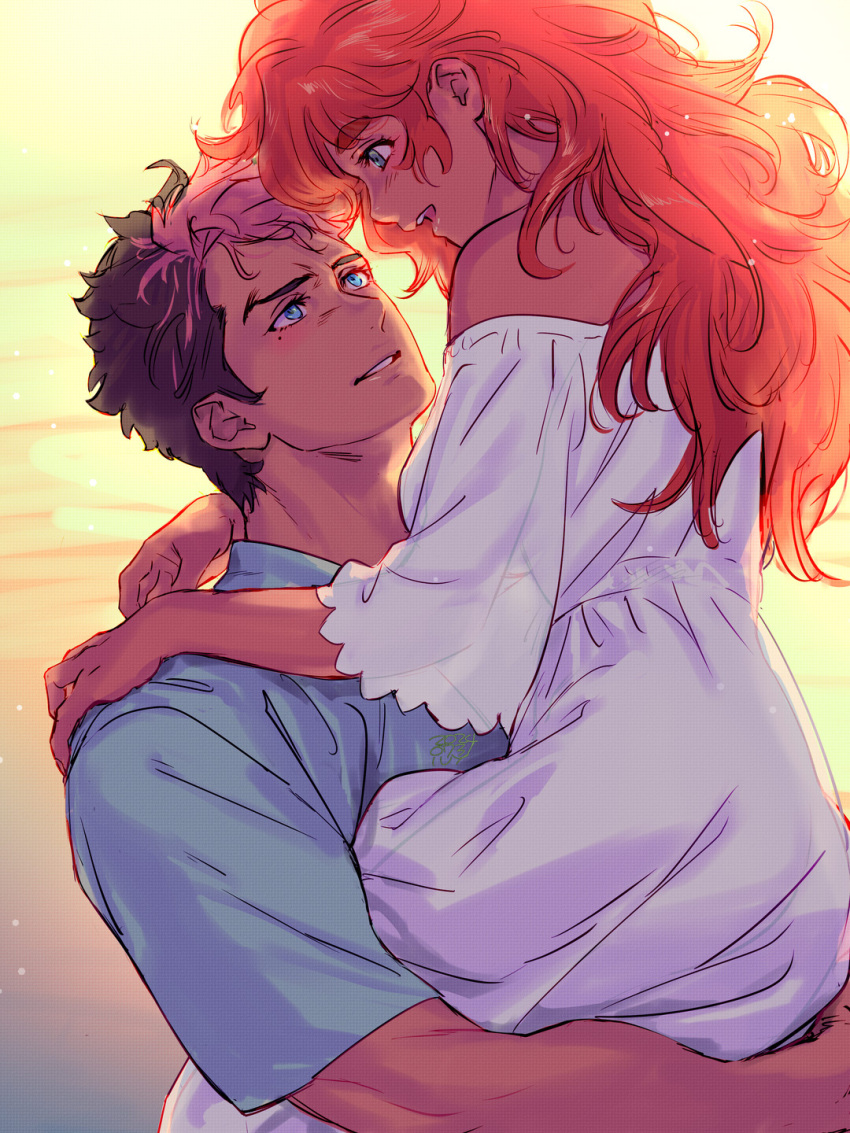 1boy, 1girl, blue_shirt, blush, breasts, brown_hair, dark-skinned_female, dark-skinned_male