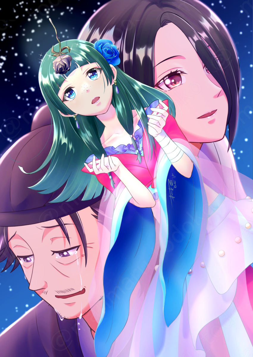 1boy, 2girls, beard_stubble, black_flower, black_hair, black_rose, blunt_bangs, brown_eyes