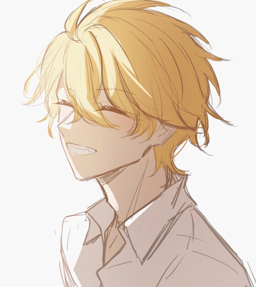 1boy, ^_^, absurdres, ahoge, blonde_hair, closed_eyes, collared_shirt, facing_viewer, giancarlo_bourbon_del_monte, grin, highres, lucky_dog_1, male_focus, mohexi459, open_collar, shirt, short_hair, simple_background, smile, solo, upper_body, white_background, white_shirt