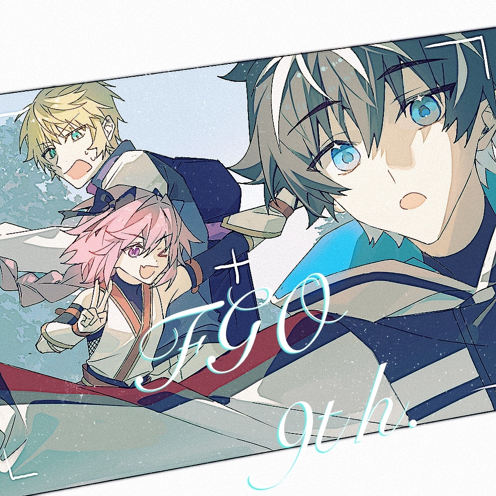3boys, :d, :o, anniversary, armband, astolfo_(exhibition_attire)_(fate), astolfo_(fate), black_bow
