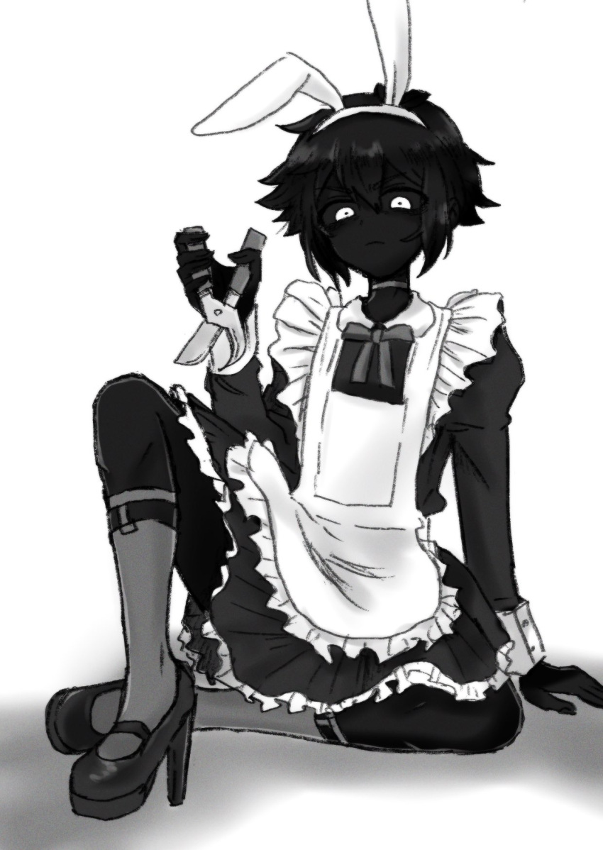 1boy, alternate_costume, animal_ears, black_footwear, black_hair, black_sclera, black_skin, closed_mouth, colored_sclera, colored_skin, enmaided, fake_animal_ears, germany_omori, grey_socks, hairband, high_heels, highres, long_hair, maid, male_focus, omori, pruning_shears, short_hair, simple_background, sitting, socks, solo, stranger_(omori), white_background, white_eyes
