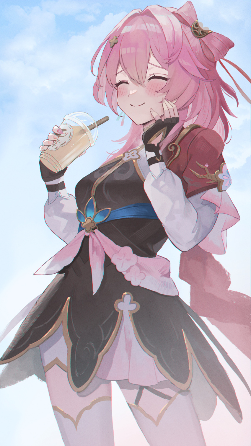 1girl, absurdres, belt, black_dress, blue_belt, blue_sky, blush, bow-shaped_hair