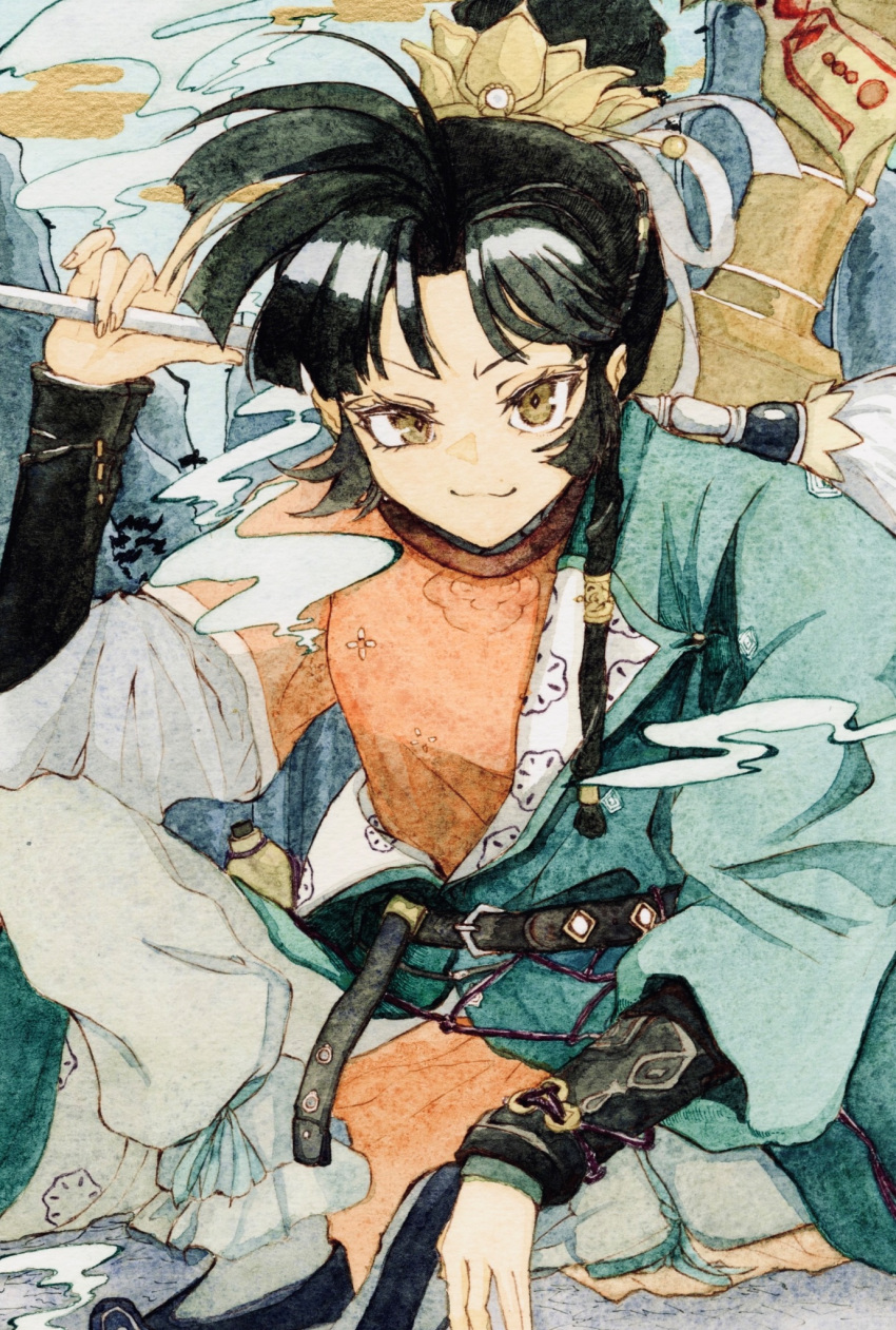 1girl, an-an_lee, black_hair, chinese_clothes, foot_out_of_frame, fuzi, green_robe, hakamori_shishamo