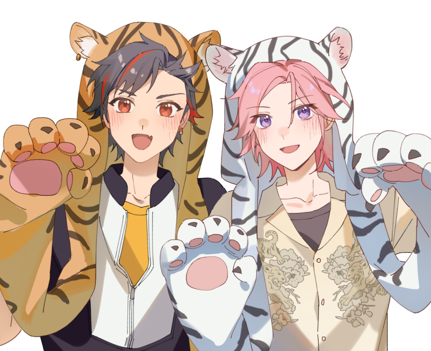 2boys, :d, animal_ear_hood, animal_ear_piercing, animal_ears, animal_hands, bishounen, black_undershirt, brown_hood, detached_hood, dress_shirt, earrings, ensemble_stars!, fake_animal_ears, fang, gloves, hands_up, headwear_with_attached_gloves, hood, hood_up, jacket, jewelry, light_blush, looking_ahead, male_focus, multicolored_clothes, multicolored_jacket, multiple_boys, nagumo_tetora, orange_shirt, oukawa_kohaku, partially_unzipped, paw_gloves, paw_pose, print_shirt, sheesixp, shirt, shoulder-to-shoulder, simple_background, single_earring, skin_fang, smile, straight-on, tiger_ears, tongue, two-tone_jacket, upper_body, white_background, white_hood, zipper_pull_tab