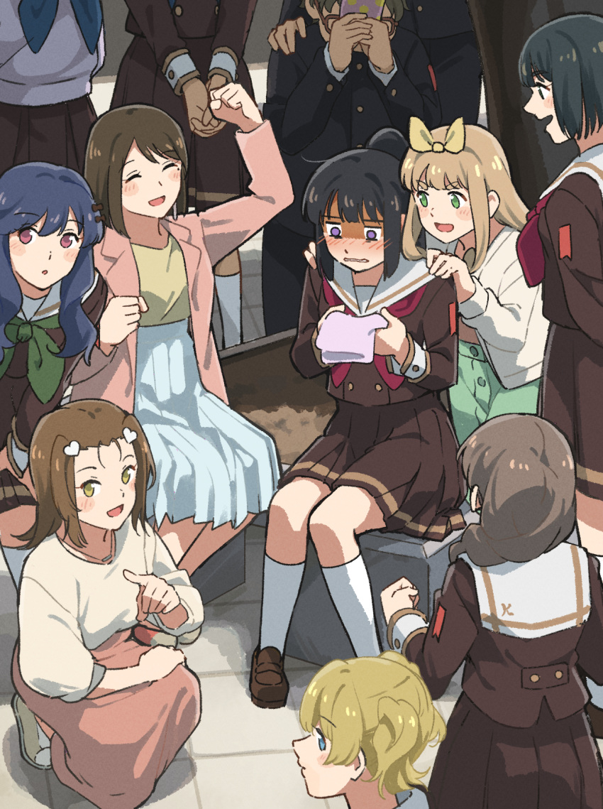 2boys, 6+girls, asakura_tamari, black_hair, blonde_hair, blue_hair, braid, brown_hair